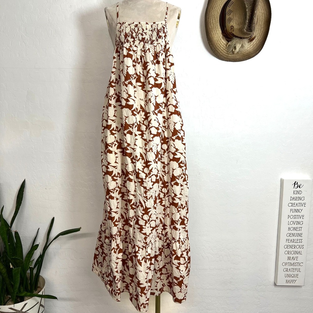 Universal Thread Floral Smocked Maxi Sun Dress Brown Cream Boho Pockets Tiered M